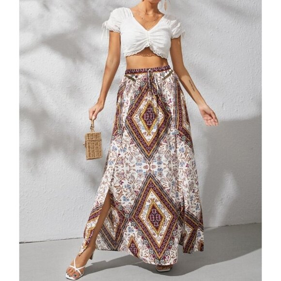 Graphic Print High Split Skirt Bohemian Maxi Small New - Picture 1 of 8